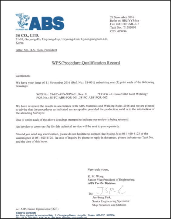 ABS welding procedure specification approval