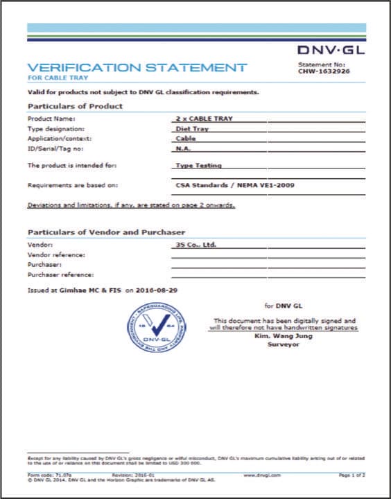 DNV type approval certificate for 3S cable tray