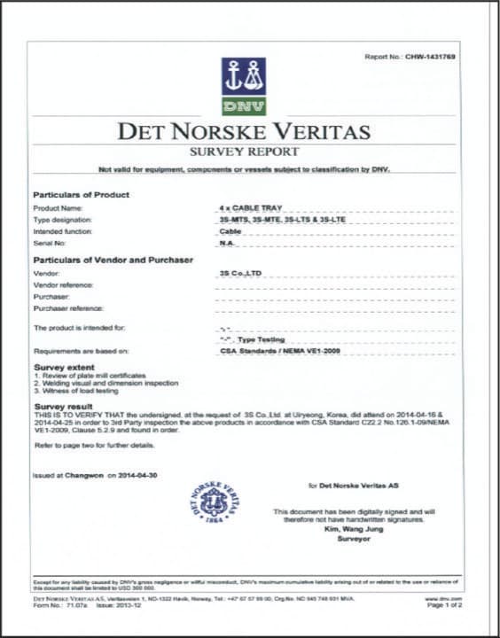 DNV type approval certificate for 3S cable tray