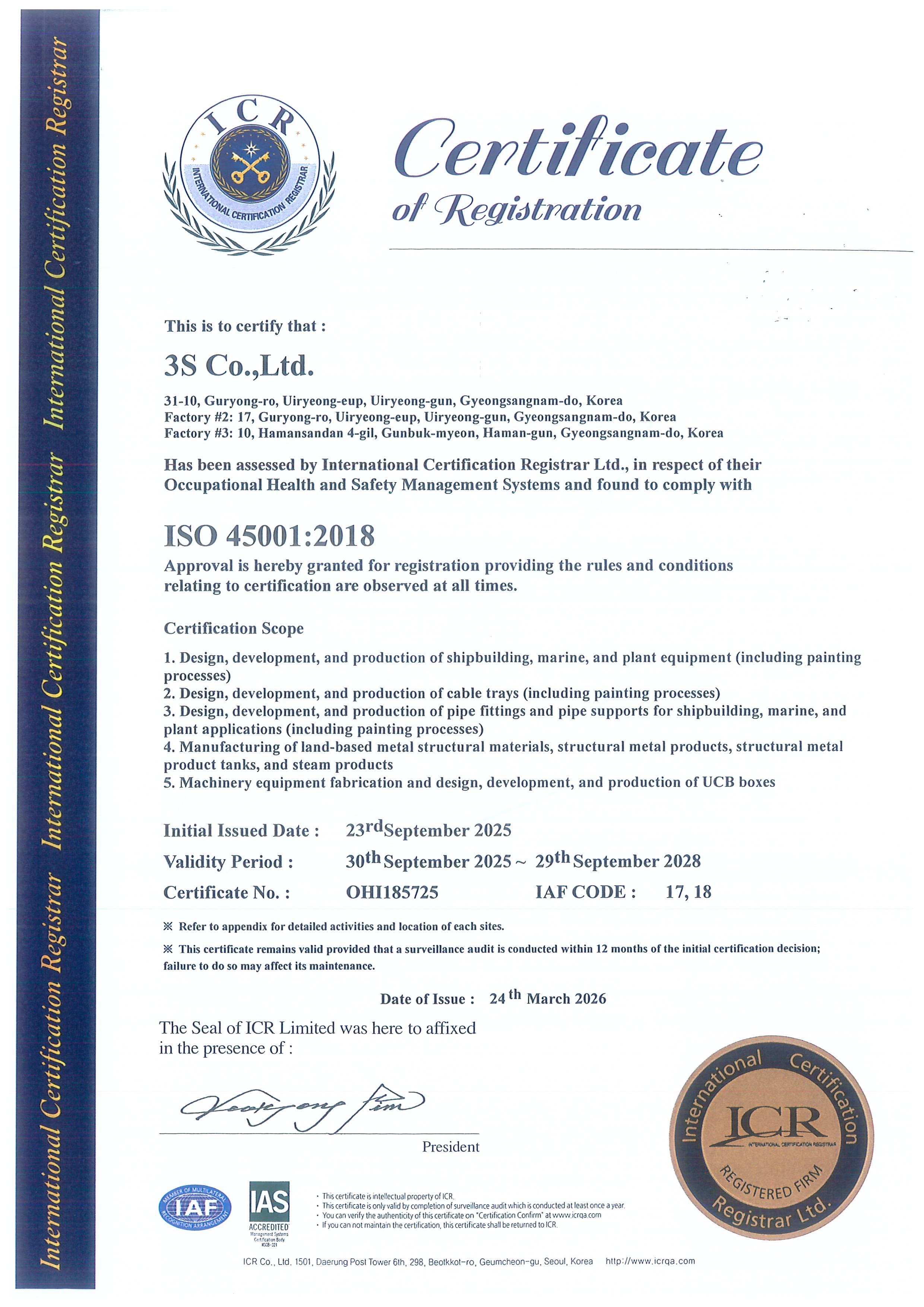 ISO 45001 certificate — Occupational Health & Safety Management System